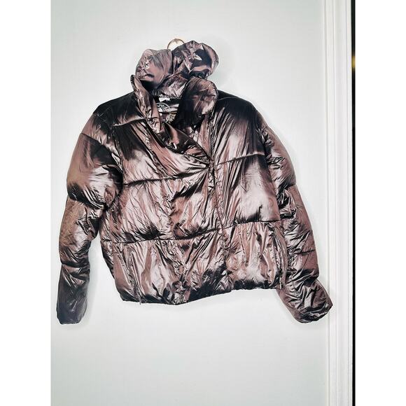 SAVE THE DUCK Ishya Puffer Black Brown Copper Moto Quilted Coat Jacket Size S - Picture 4 of 14